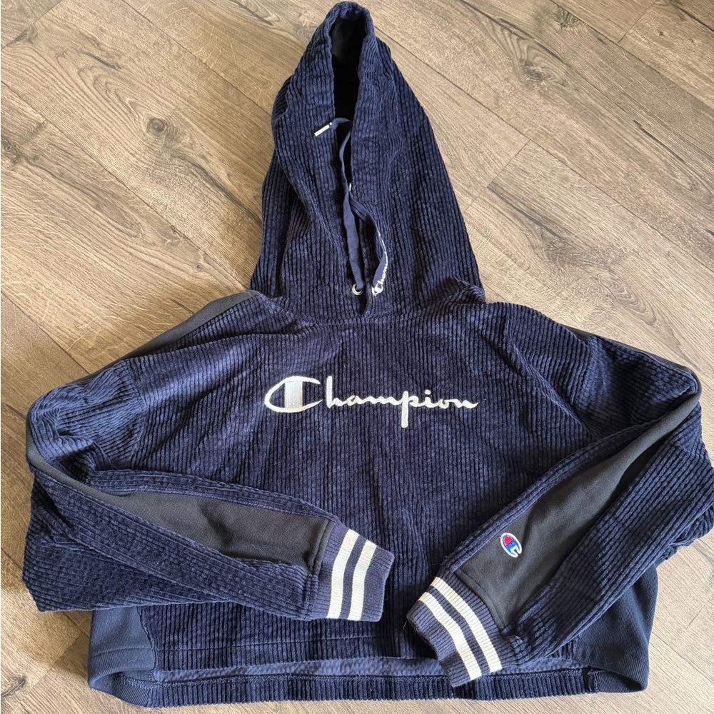 Champion Reverse Weave Women's Corduroy Cropped Hoodie Blue Size L